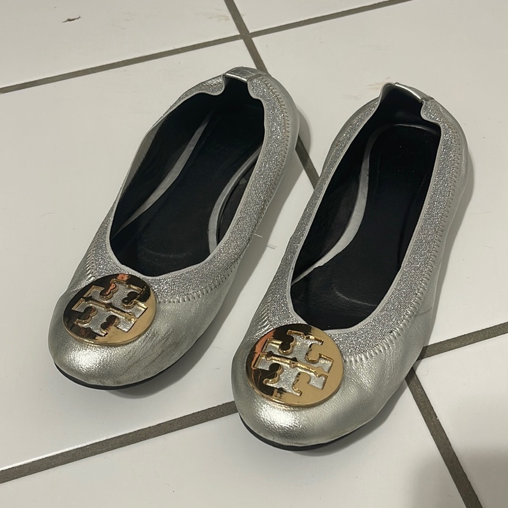 Silver Tory Burch Sandals with Gold Plate